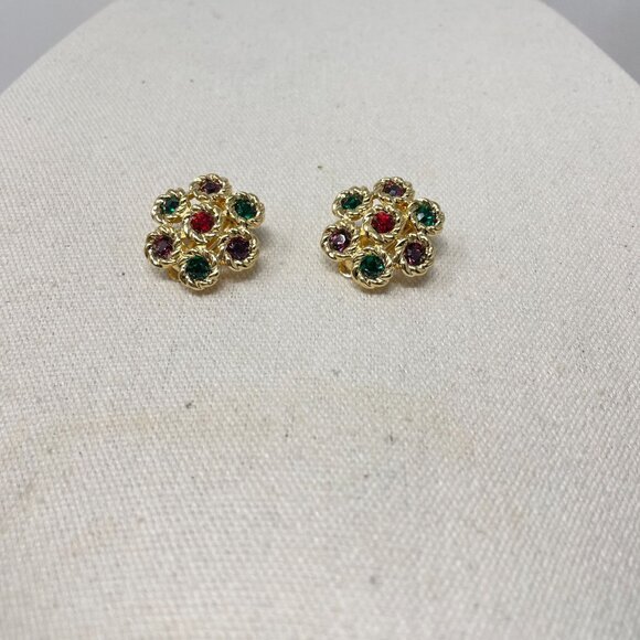 Vintage Swarovski Gold Tone Clip-On Earrings Red Green‎ Crystals Classic Elegant - Picture 4 of 8